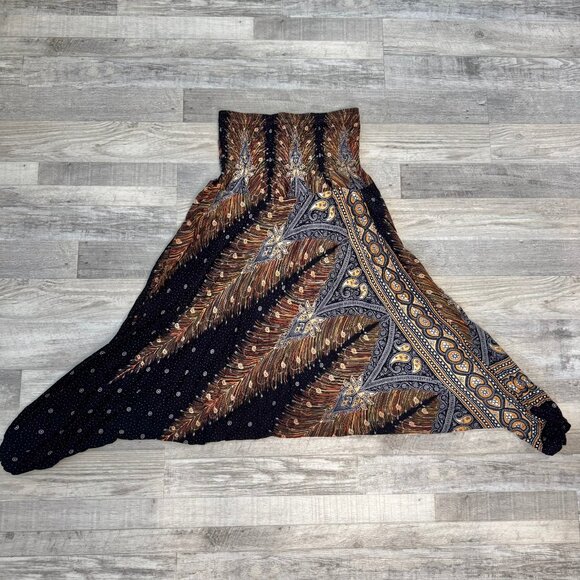 Lofbaz viscose black feather pattern harem pants smocked waist size large M34 - Picture 1 of 6